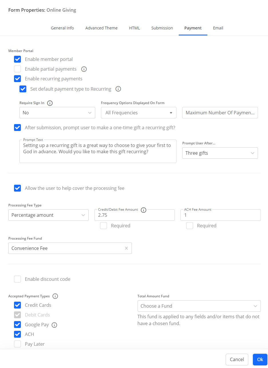 the payment tab in forms properties