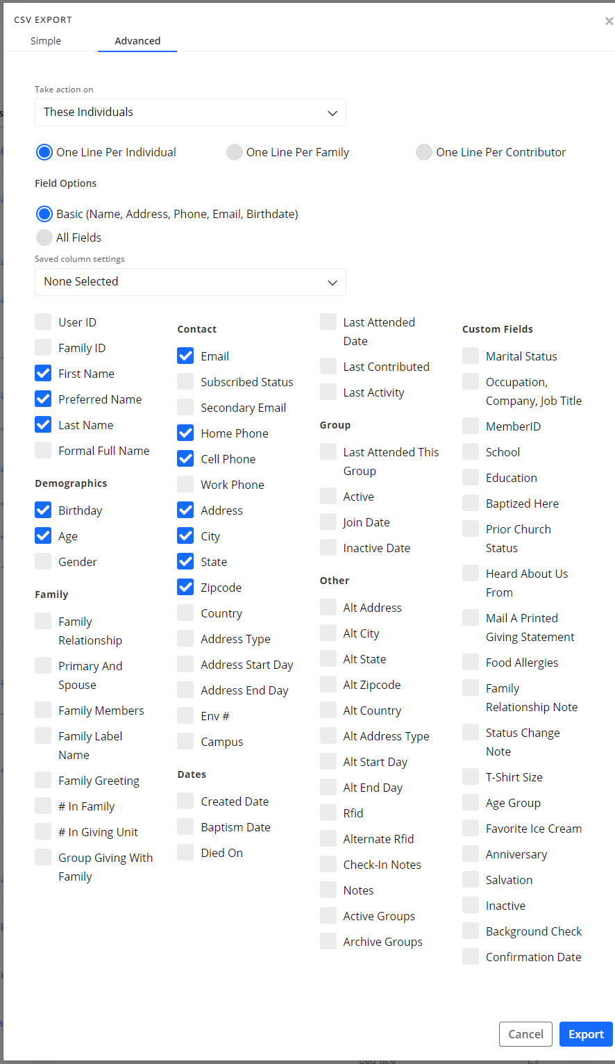 Available Field options