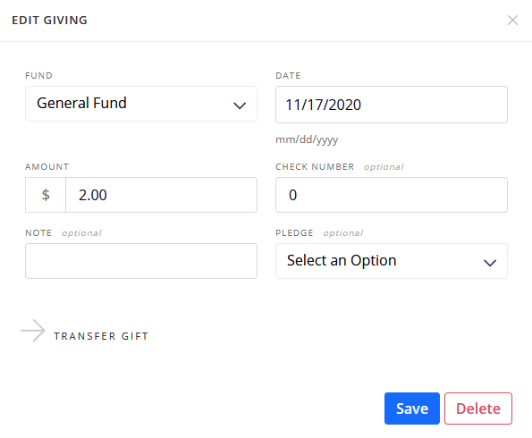 gift modal for editing the contribution